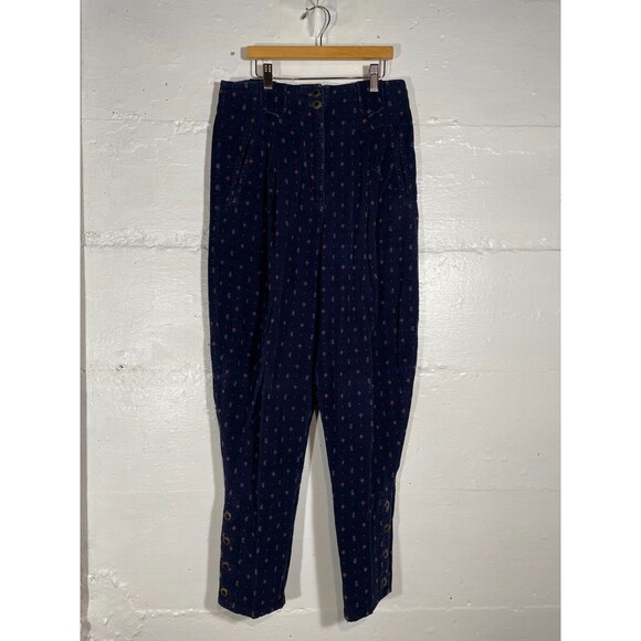 Vintage Corduroy Pants Navy Red Print High Waist Button Leg 80s 90s Boho 29x28 - Picture 2 of 16